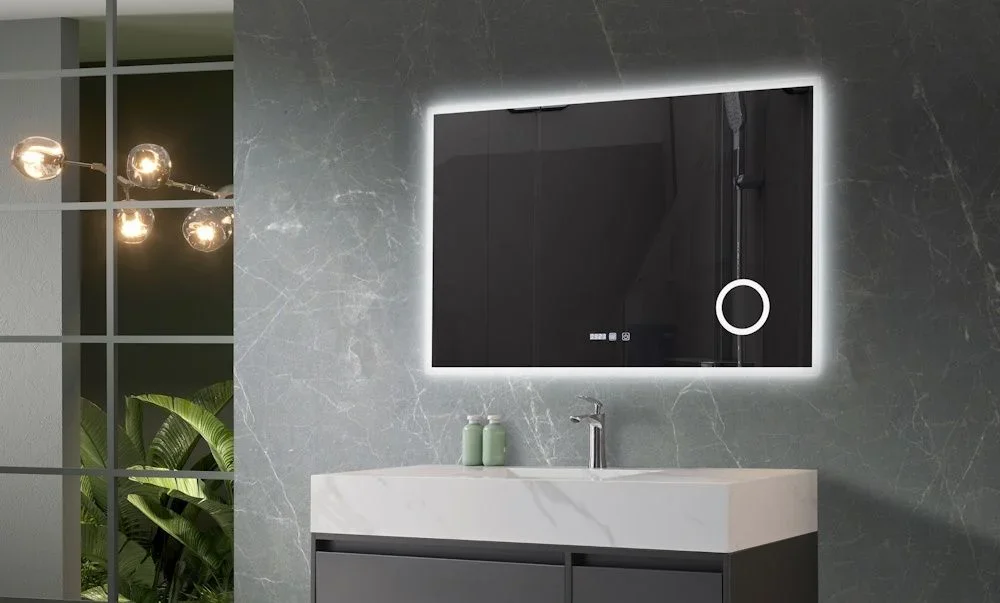 Oglinda baie cu iluminare LED 3 culori, intrerupator Touch, ceas, lupa, functie dezaburire, 120x80 cm Belform Atlantis