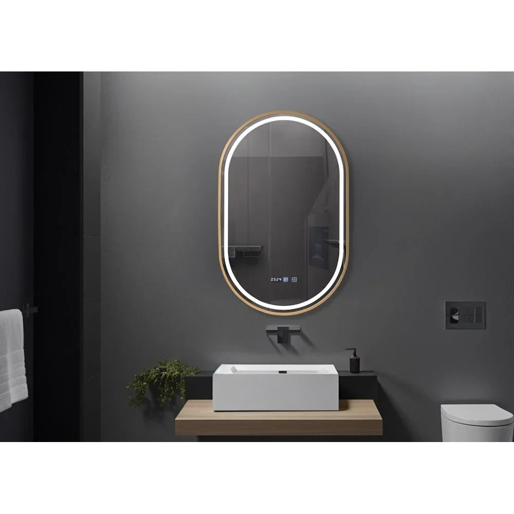 Oglinda baie cu iluminare LED si ceas 50x80 cm, rama aurie, Belform Fortuna