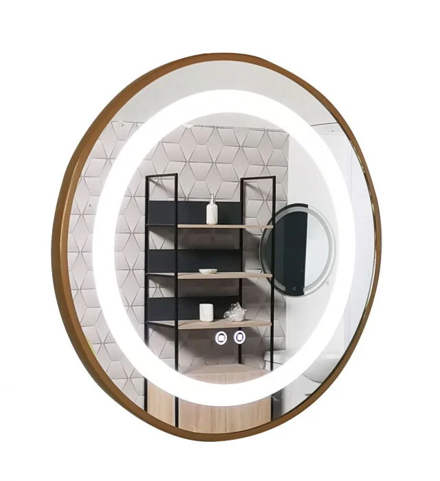 Oglinda cu iluminare LED si functie dezaburire, MD4, rama aurie, diametru 60 cm