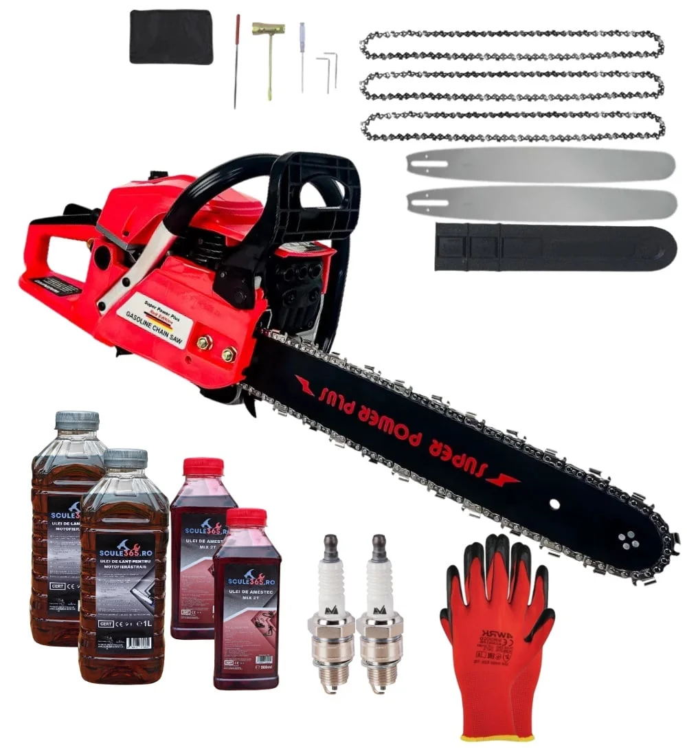 *PACHET* 8.8cp 58cmc Drujba benzina + 3 lanturi + 2 lame + x2 ulei ungere lant 1L + x2 ulei amestec 0.5L + x2 bujii + accesorii + manusi protectie CRAFT-TEC GERMANY, Super Power Plus *RED edition