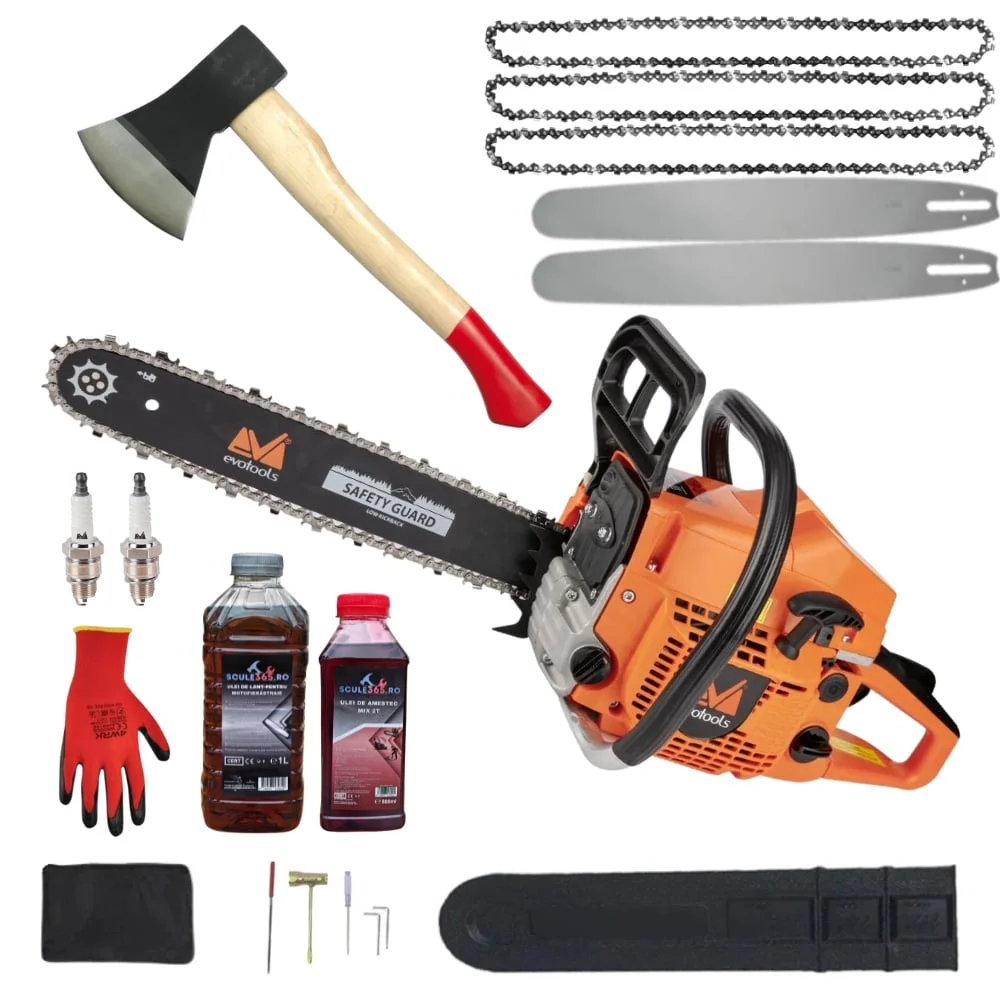 *PACHET* Drujba benzina + 3 lanturi + 2 lame + topor 0.6kg FORJAT + x1 ulei ungere lant 1L + x1 ulei amestec 0.5L + x2 bujii + accesorii + manusi protectie, Evotools PROFFESIONAL 682858