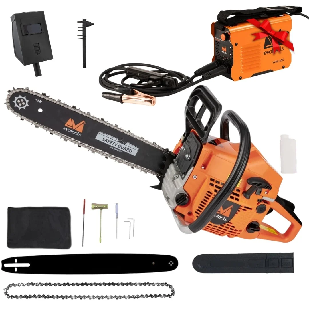 *PACHET* Drujba Benzina 54.5cc 10.500 rpm, + CADOU Invertor de sudura WMI 200, anti-stick, 2.8kg, 2.5-3.2mm, Evotools