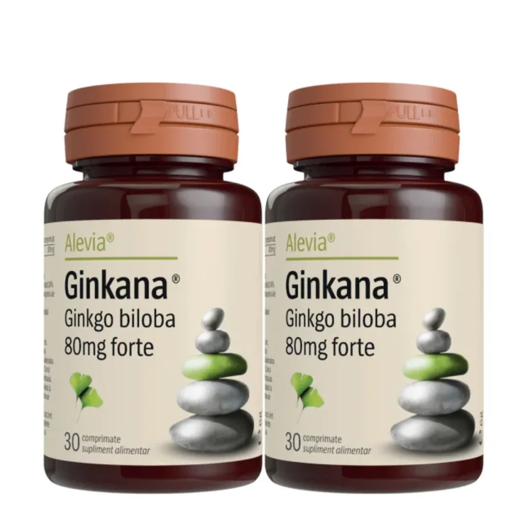 Pachet Ginkana Ginkgo Biloba Forte 80 mg, 30+30 comprimate, Alevia