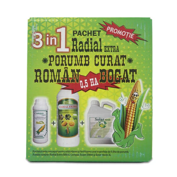 Pachet Radial Porumb curat 0.5 Ha, Solarex, contine erbicid pentru buruieni monocotiledonate si dicotiledonate (Radial Extra+ Compas Super) si ingrasamant foliar (Solar Verde)