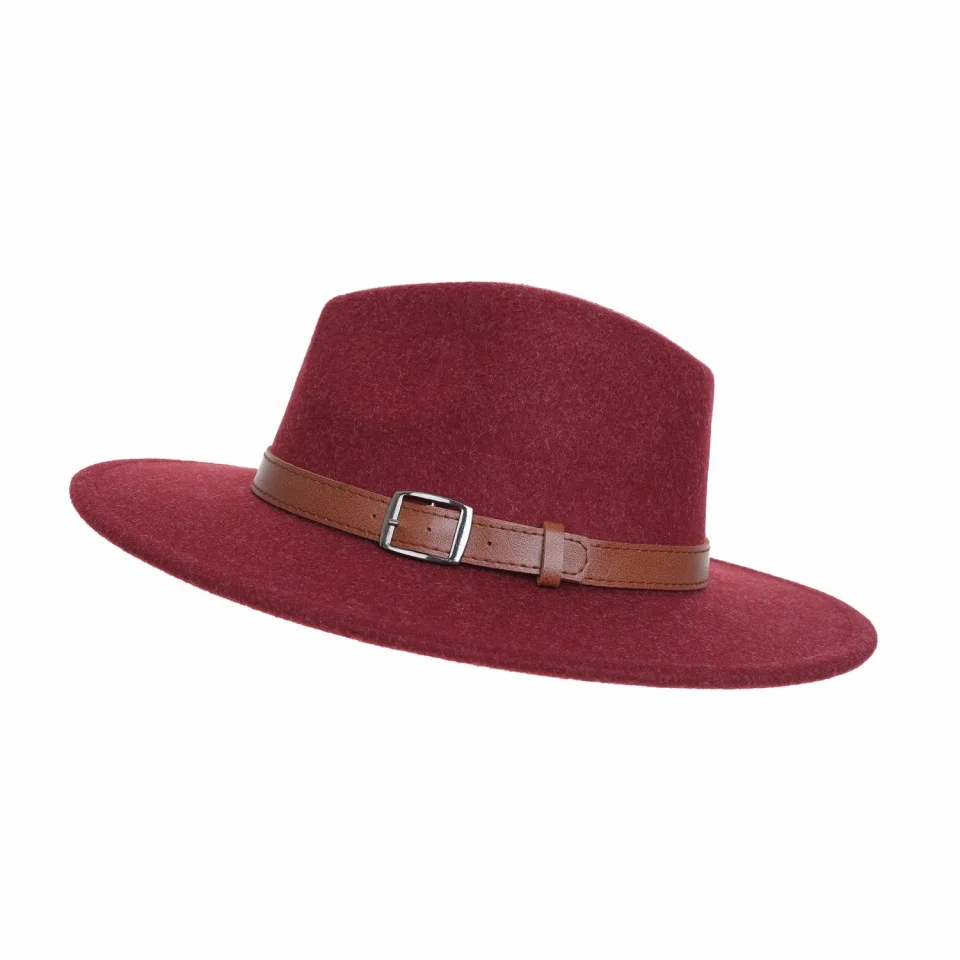 Palarie dama Parys, cu bor larg, calota inalta si curelusa din piele ecologica, Rosu