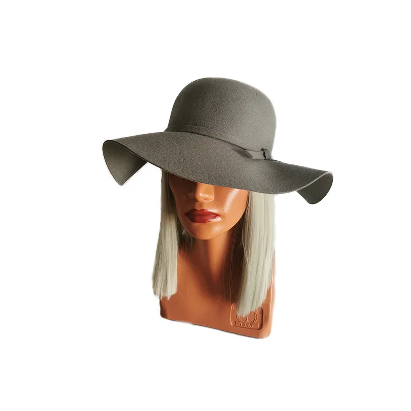 Palarie dama Vintage, cu bor lat si fundita, Gri
