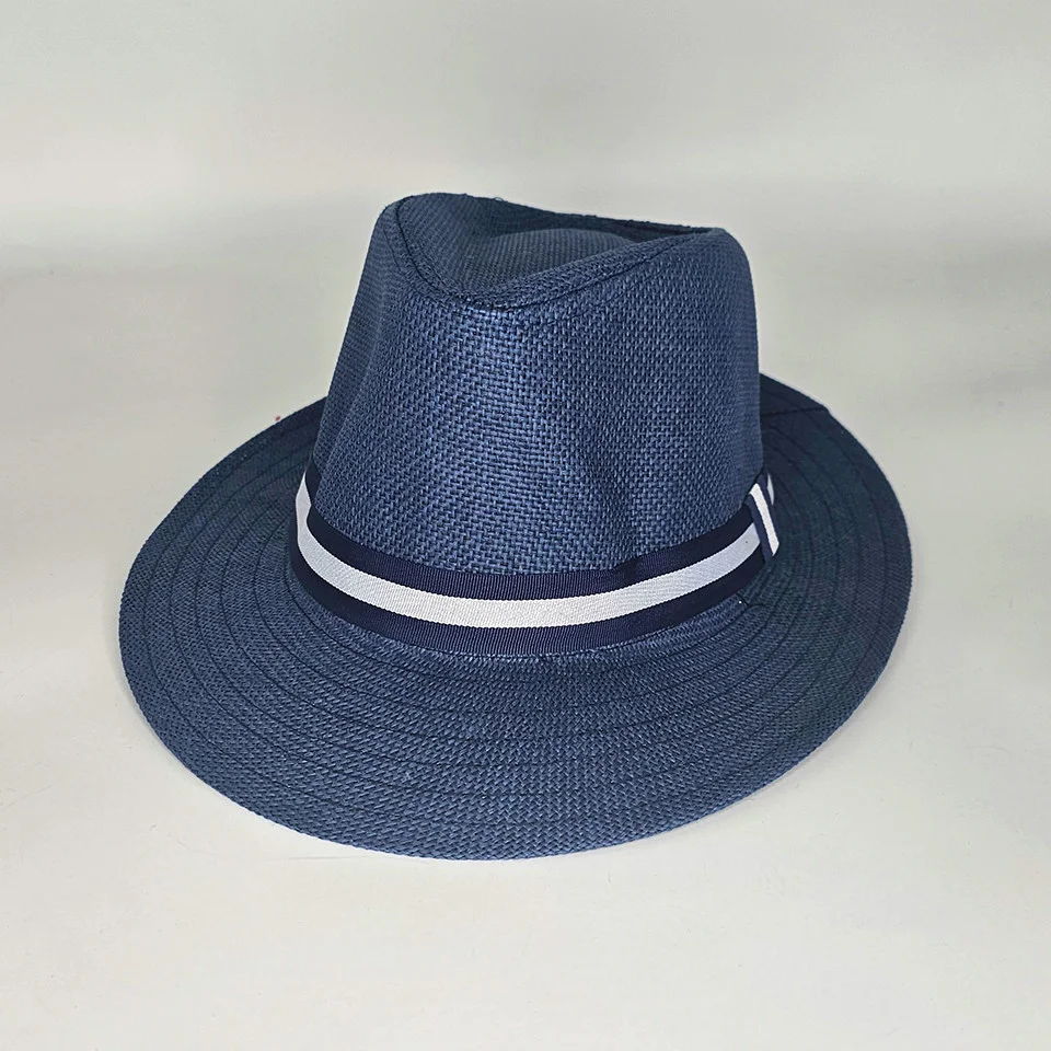 Palarie de plaja Khay, din paie, panglica bleumarin, calota inalta si bor asimetric, Bleumarin
