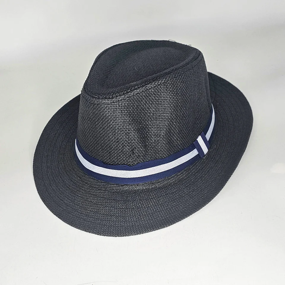 Palarie de plaja Khay, din paie, panglica bleumarin, calota inalta si bor asimetric, Negru