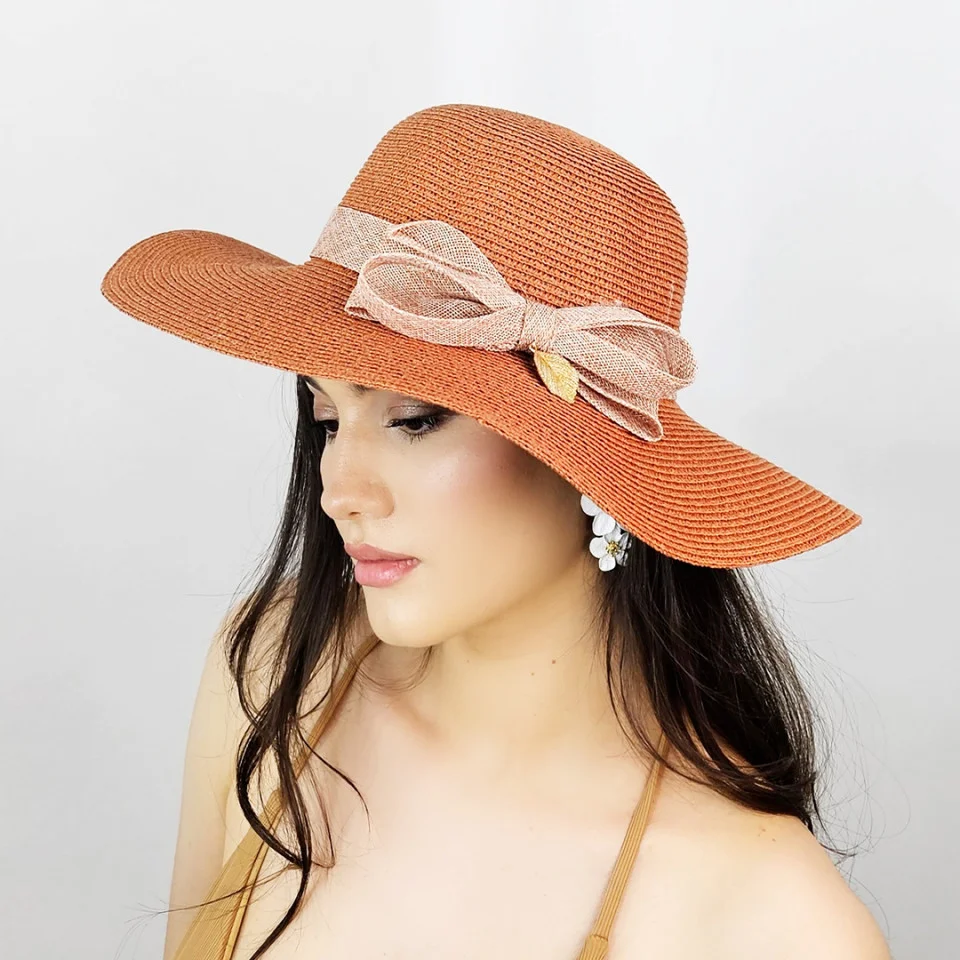 Palarie de plaja Leaflet, din paie, cu fundita din iuta si frunza decorativa, Aramiu