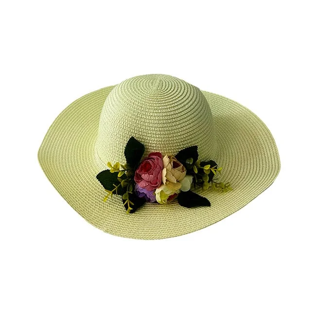 Palarie de plaja pentru femei Flower, din paie cu aranjament floral artificial, Crem