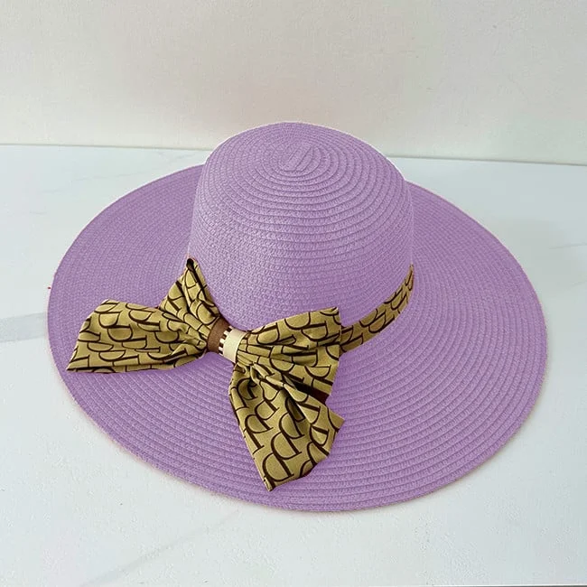 Palarie de plaja pentru femei, Happy, din paie cu funda, Mov