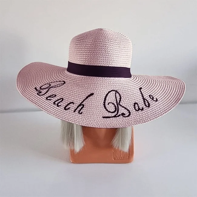 Palarie de plaja, pentru femei, imprimata Beach Babe, cu boruri mari, ROZE