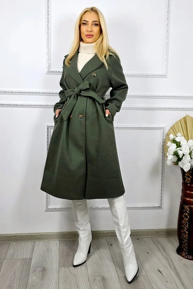 Palton captusit Melanda, cu nasturi si cordon, Verde inchis, Marime S/M/L