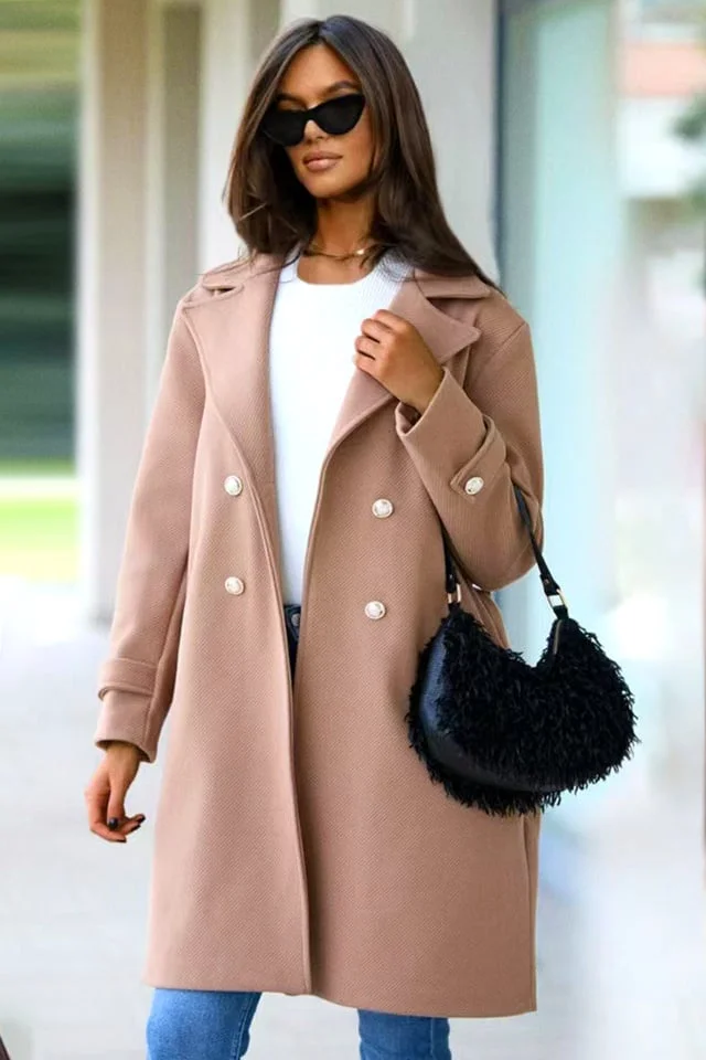 Palton elegant de dama Cornelia, cu butoni aurii si cordon, Bej, Marime S/M