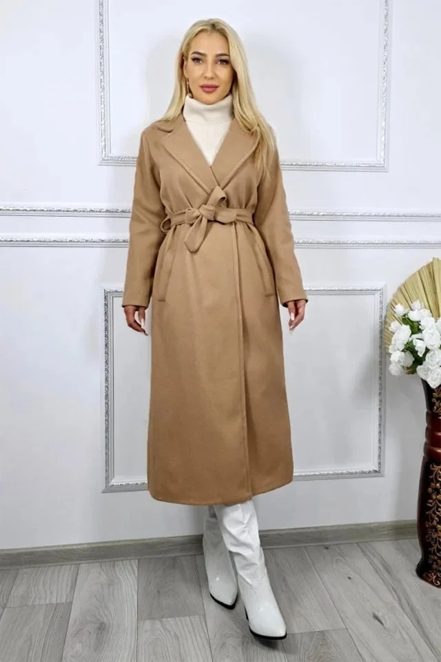 Palton lung Camilla, cu buzunare si cordon in talie, Bej, Marime S/M