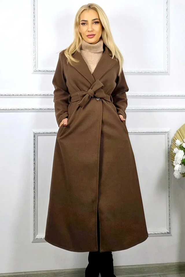 Palton lung de dama Camilla, inchidere cu nasturi si cordon, Maro, Marime S/M