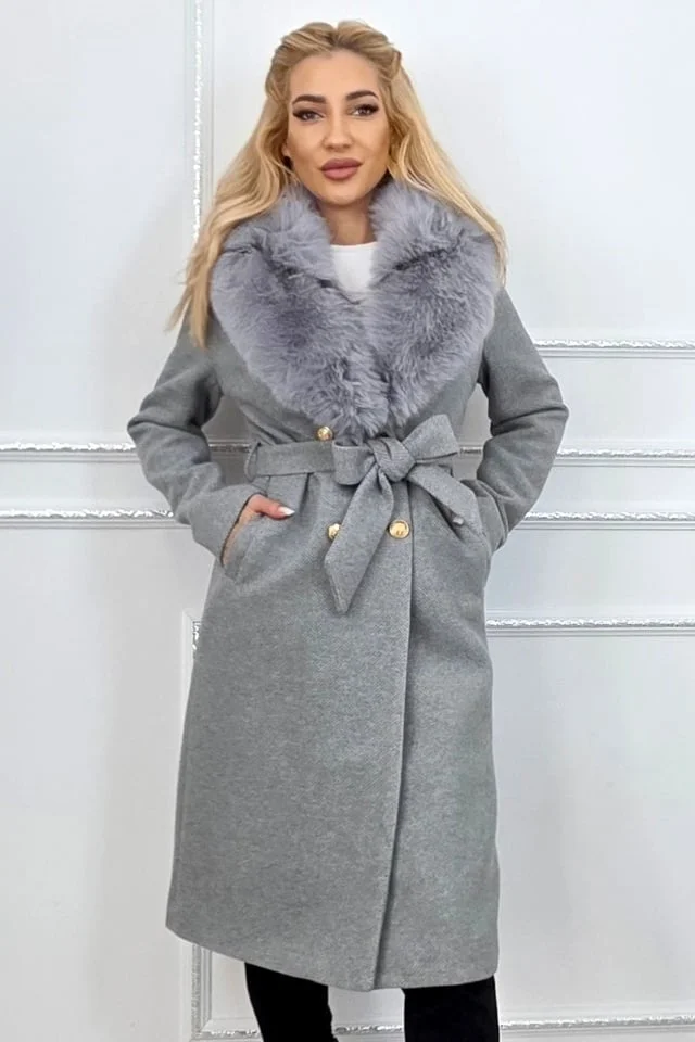 Palton MABELL, cu textura ripsata, cordon si guler imblanit, GRI