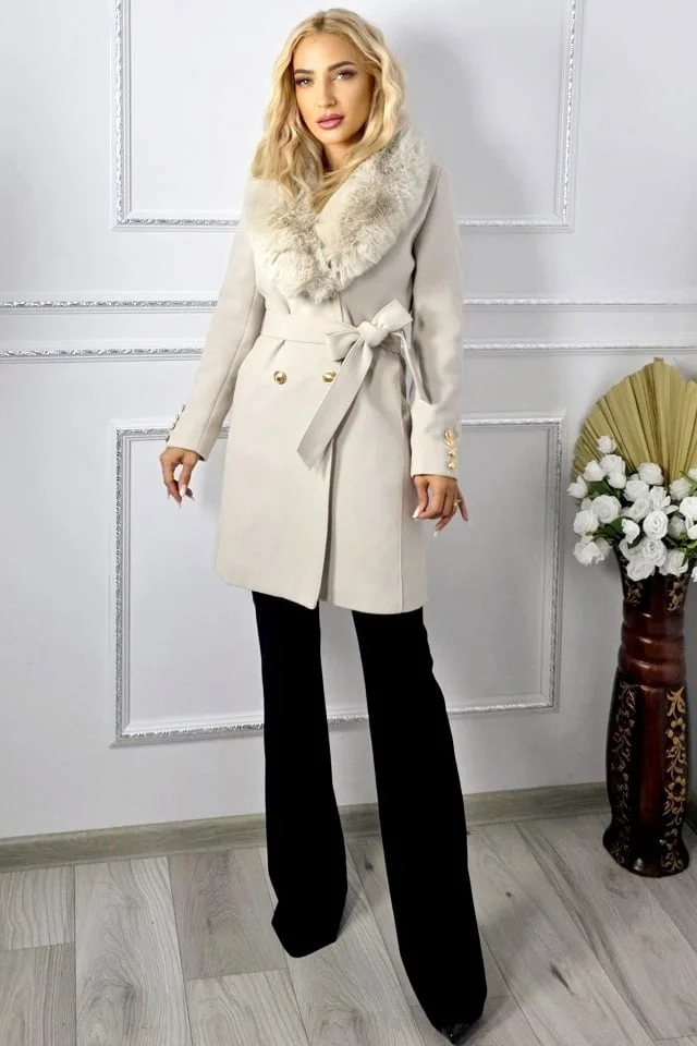 Palton scurt simetric EVoria, guler din blana si cordon in talie, Crem