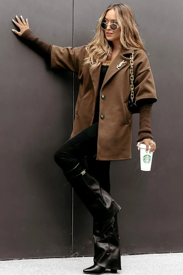 Palton supradimensionat Chic Dama, cu revere si maneca din tricot, Maro, Marime S/M/L