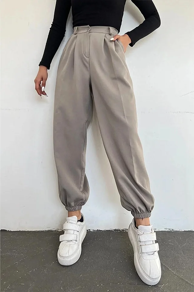 Pantaloni bufanti Tomas, cu talie inalta si pense ample, Gri