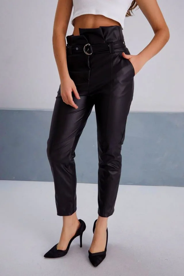 Pantaloni casual Angy din piele ecologica, cu paperbag in talie si cordon, Negru