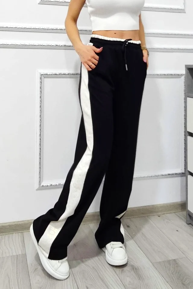 Pantaloni casual animal print ALFA OISO, croiala wide leg si snur in talie, Negru