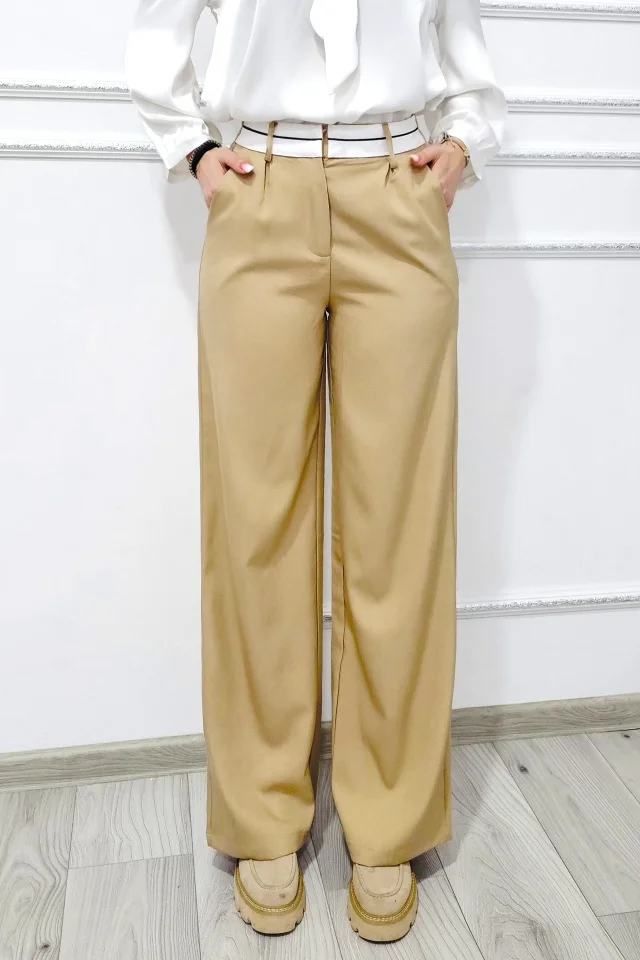 Pantaloni casual Kimchi, croiala larga si banda contrastanta, doua nuante, Bej, Marime S/M