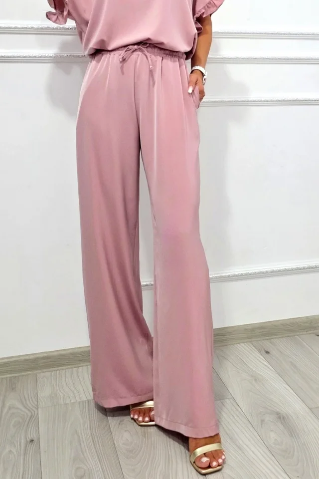 Pantaloni casual vaporosi NORYA, croi larg cu banda elastica, Roz prafuit