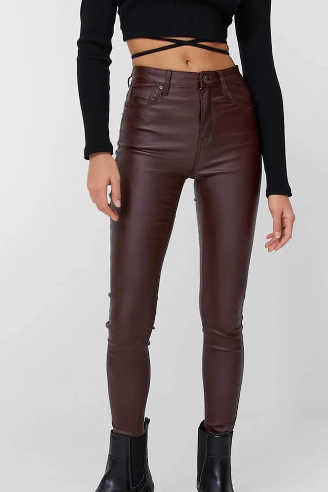 Pantaloni Dallas, din piele ecologica, cu talie inalta si push-up, Bordo