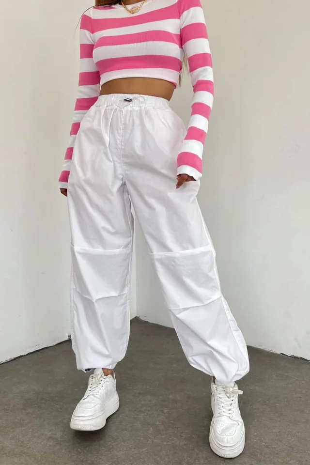 Pantaloni dama Force, croiala cargo, oversize, cu snur reglabil in talie si la baza piciorului, Alb