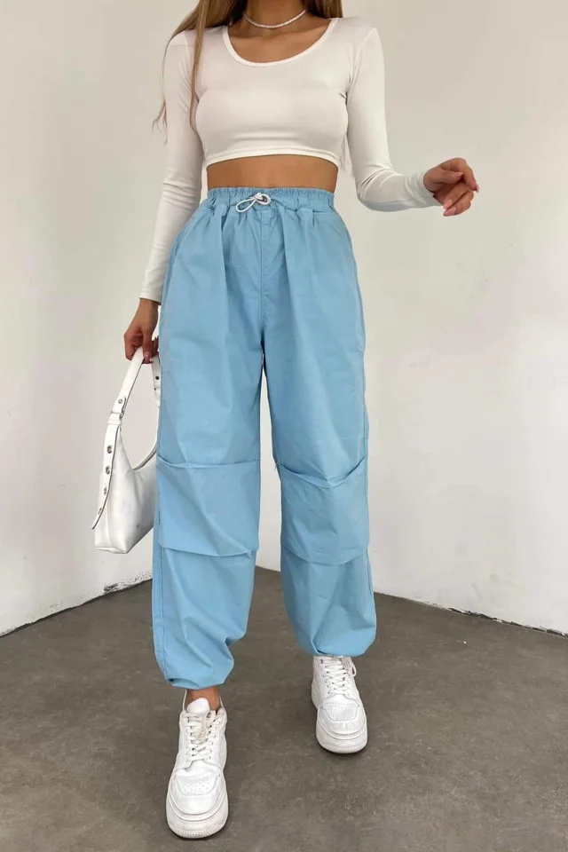Pantaloni dama Force, croiala cargo, oversize, cu snur reglabil in talie si la baza piciorului, Bleu