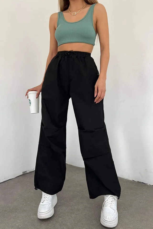 Pantaloni dama Force, croiala cargo, oversize, cu snur reglabil in talie si la baza piciorului, Negru