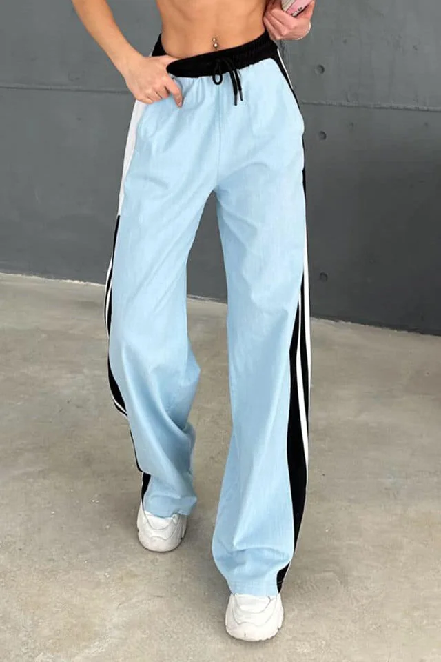 Pantaloni de trening Morelos, cu denim, snur in talie si croi large, Albastru/Negru