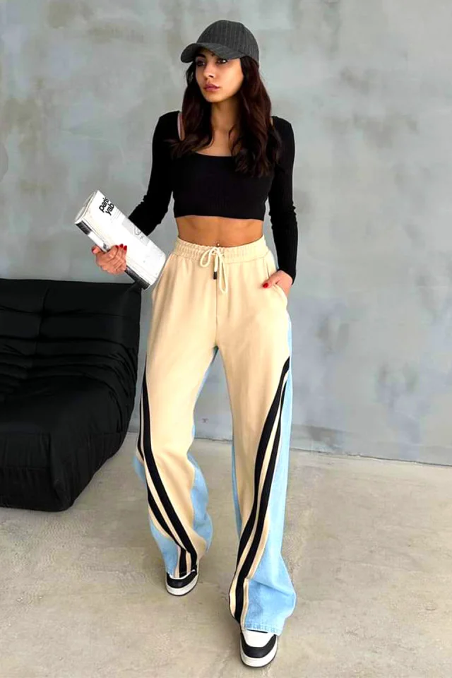 Pantaloni din bumbac Katalea, cu denim, snur in talie si croi lejer, Crem