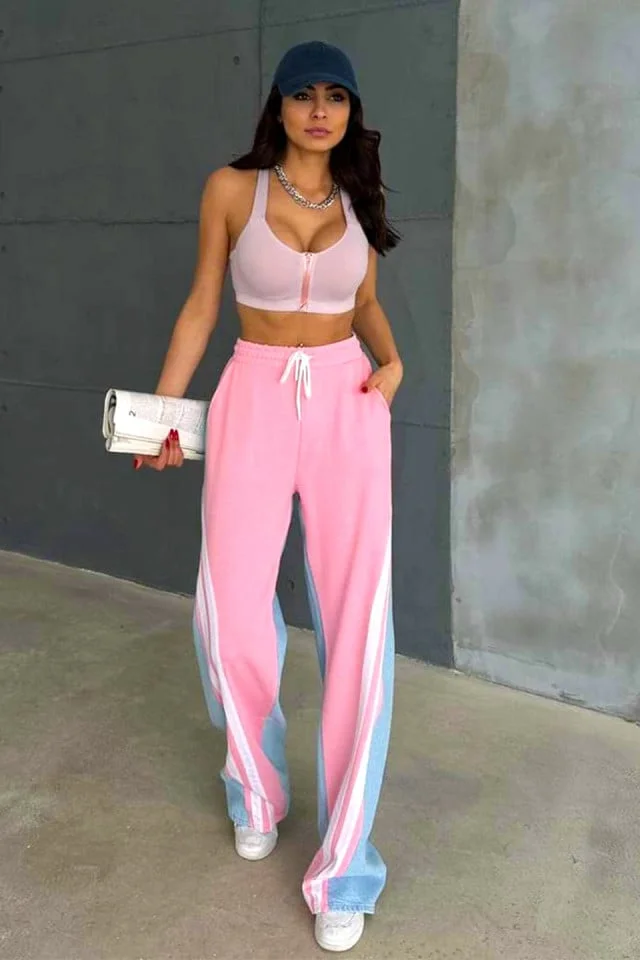 Pantaloni din bumbac Katalea, cu denim, snur in talie si croi lejer, Roz