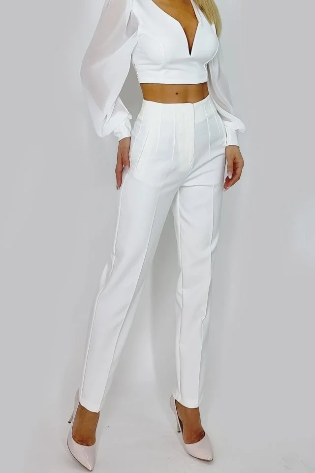 Pantaloni eleganti, ChicMe, cu talie inalta, Alb