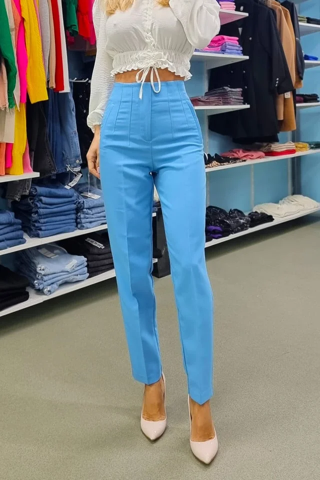 Pantaloni eleganti, ChicMe, cu talie inalta, Albastru deschis