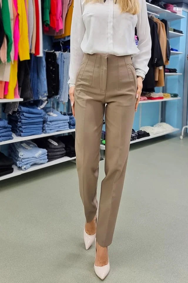 Pantaloni eleganti, ChicMe, cu talie inalta, Bej