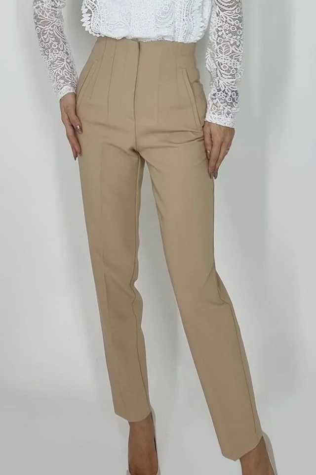 Pantaloni eleganti, ChicMe, cu talie inalta, Crem