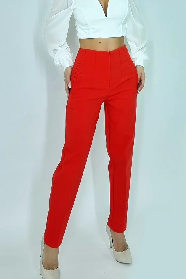 Pantaloni eleganti, ChicMe, cu talie inalta, Rosu