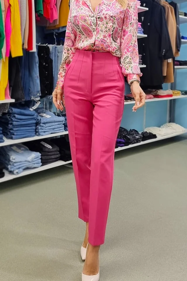 Pantaloni eleganti, ChicMe, cu talie inalta, Roz