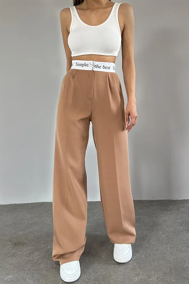 Pantaloni eleganti Simple the Best, cu talie inalta si croiala lejera, Maro