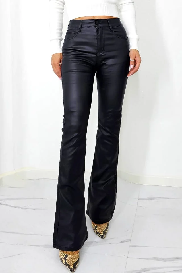 Pantaloni evazati cu push-up Roger, din piele ecologica, cu buzunare, Negru