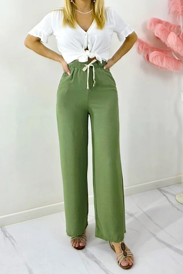 Pantaloni lungi casual, bumbac MERON, croiala wide leg si snur, KAKI