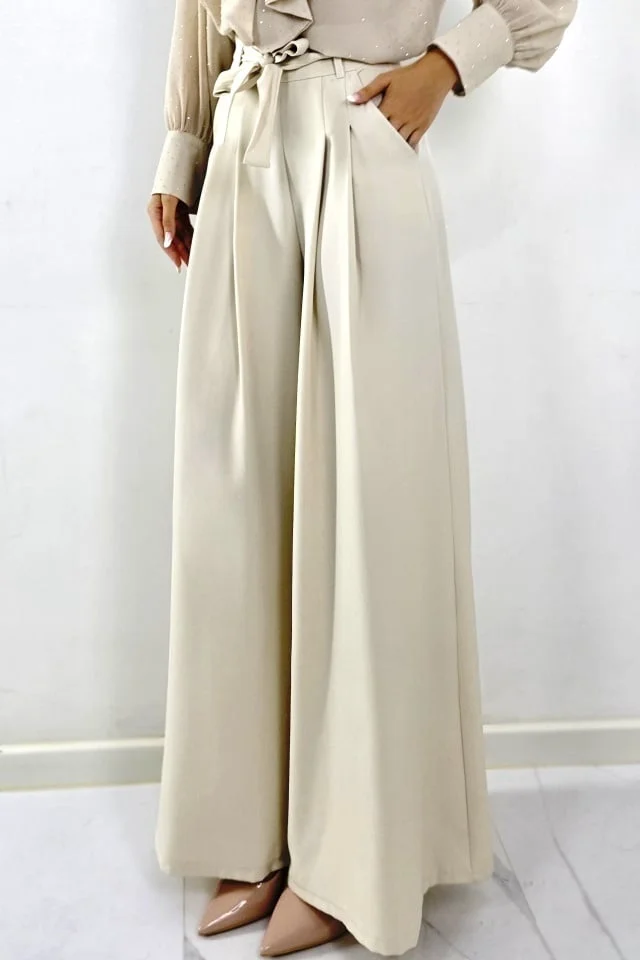 Pantaloni lungi cu pense HARRU si croiala Large, Crem, Marime S/M/L