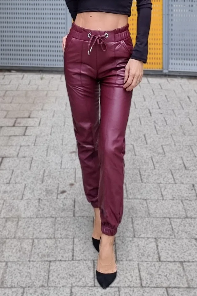 Pantaloni Marelli, din piele ecologica, cu talie inalta, dunga si snur reglabil, Mov