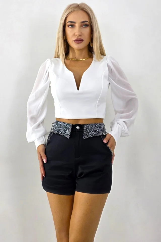 Pantaloni scurti eleganti MAVY, accesorizati cu cristale si detalii artizanale, Negru