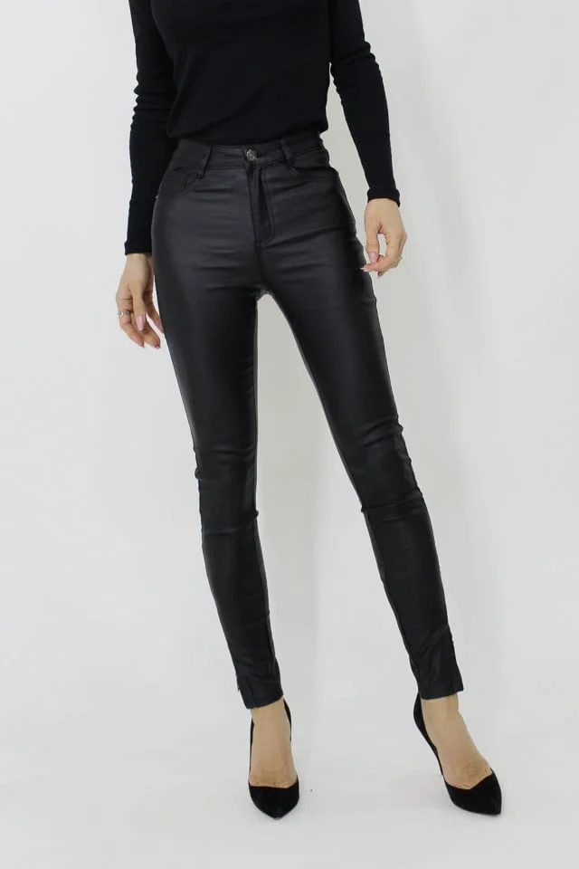 Pantaloni skinny push-up Goya, din piele ecologica, cu buzunare, inchidere cu nasture si fermoar pe picior, Negru