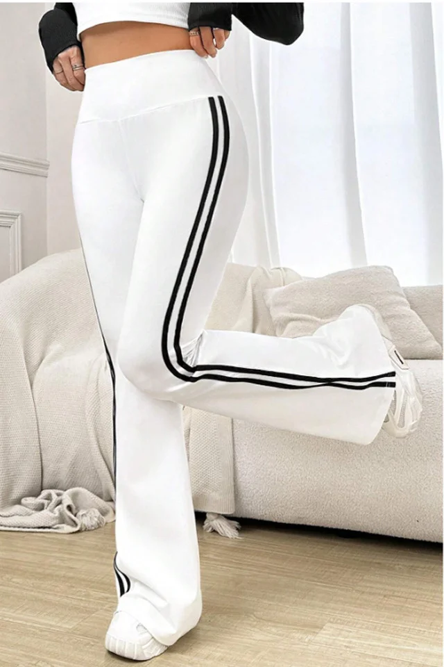 Pantaloni sport evazati Gimel, cu dungi laterale si banda modelatoare, Alb