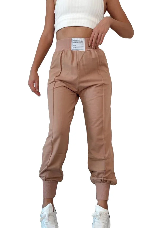 Pantaloni sport Janina, din bumbac, cu talie inalta si mansete elastice, Maro